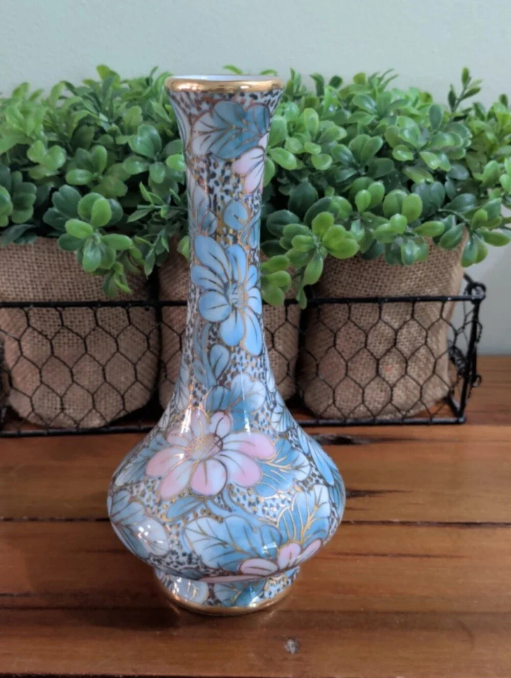 Vintage Porcelain Bud Vase Floral Motif with Gold Trim